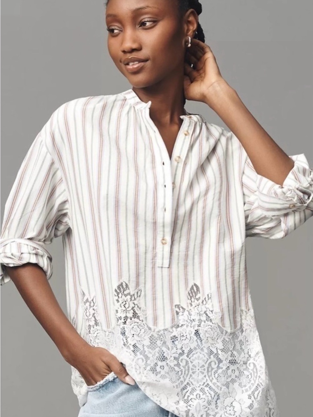 Pilcro by Anthropologie White Striped Lace-Hem Tunic with Subtle Pastel Stripes